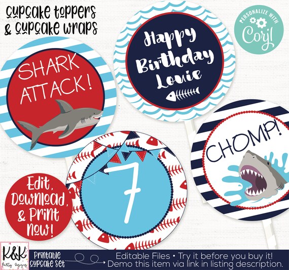 Shark Cupcake Toppers, Shark Birthday Party Decorations, Shark 1st Birthday, Shark First Birthday, Shark Printable, Summer Pool Party Decor Il_570xn
