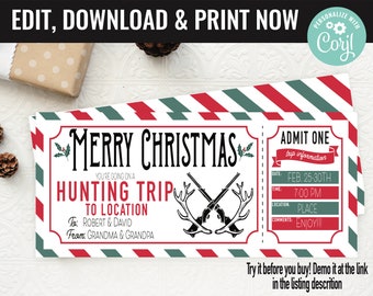 Christmas Hunting Trip Ticket Surprise Gift Voucher, Surprise Hunting Trip Printable Template, Editable Instant Download Gift Certificate