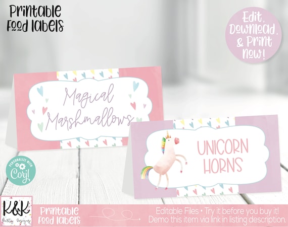 Unicorn Food Labels, Unicorn Buffet Cards, Unicorn Place Cards, Unicorn Birthday Party Decorations, Girls 1st Birthday, First birthday Il_570xn