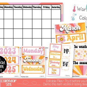 Retro Groovy Classroom Calendar Set Printable, Retro Theme, Teacher Supply, Classroom Teacher Decoration and Supplies, Calendar Board Set
