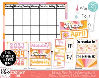 Retro Groovy Classroom Calendar Set Printable, Retro Theme, Teacher Supply, Classroom Teacher Decoration and Supplies, Calendar Board Set