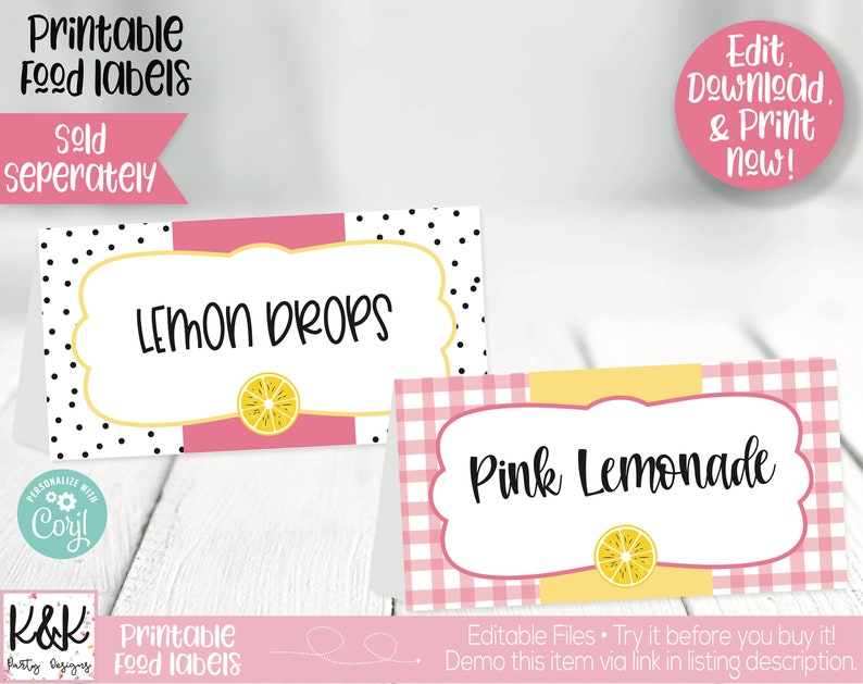 May include: Two printable food labels with a pink and white polka dot design and a pink and white gingham design. The labels say "Lemon Drops" and "Pink Lemonade".