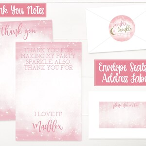 May include: Pink thank you cards with a sparkly background and gold stars. The text on the card says "Thank you for making my party sparkle also. Thank you for I love it! Maddox". The image also includes a pink envelope with a gold star and moon sticker, a pink envelope seal with the text "twinkle twinkle little star", and a pink address label with the text "Envelope Seals & Address Labels" and "please deliver to".