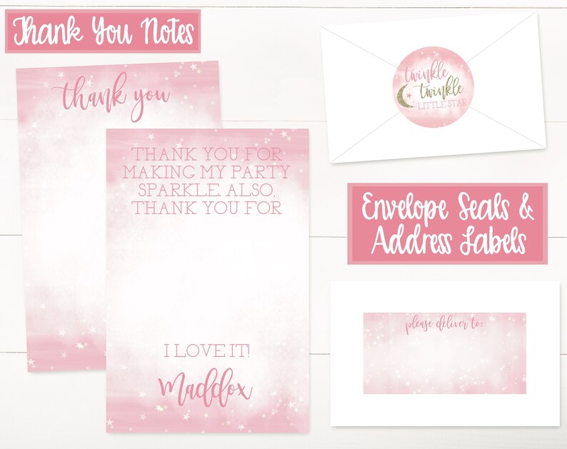 May include: Pink thank you cards with a sparkly background and gold stars. The text on the card says "Thank you for making my party sparkle also. Thank you for I love it! Maddox". The image also includes a pink envelope with a gold star and moon sticker, a pink envelope seal with the text "twinkle twinkle little star", and a pink address label with the text "Envelope Seals & Address Labels" and "please deliver to".