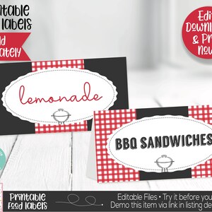 May include: Printable food labels with a red and white gingham pattern. The labels feature a black background with white text and a small illustration of a grill. The labels say "Lemonade" and "BBQ Sandwiches".