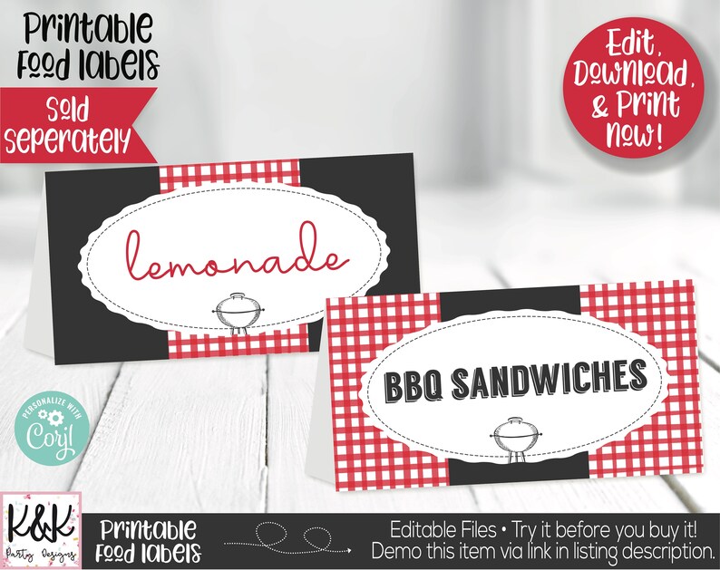 May include: Printable food labels with a red and white gingham pattern. The labels feature a black background with white text and a small illustration of a grill. The labels say "Lemonade" and "BBQ Sandwiches".