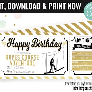 Birthday Surprise Ropes Course Adventure Gift Voucher, Ropes Course Trip Printable Template Gift Card, Editable Instant Download Certificat