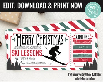 Christmas Ski Lessons Ticket Surprise Gift Voucher, Ski Lift Lesson Printable Template Gift Card, Editable Instant Download Gift Certificate