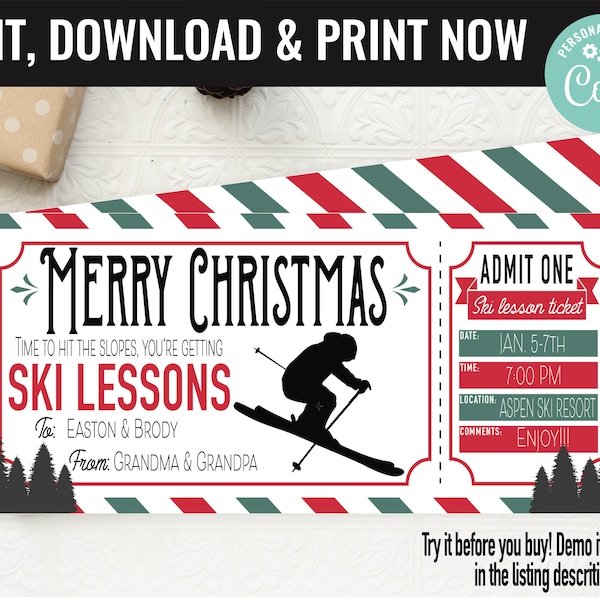 Christmas Ski Lessons Ticket Surprise Gift Voucher, Ski Lift Lesson Printable Template Gift Card, Editable Instant Download Gift Certificate