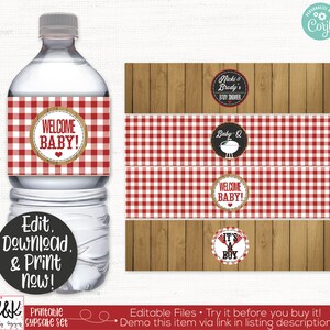 May include: Printable water bottle labels with a red and white gingham pattern. The labels feature a woodgrain background and text that says "Welcome Baby!" and "It's a Boy!"