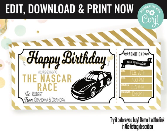 Birthday Surprise Nascar Race Ticket Gift Voucher, Nascar Race Trip Printable Template Gift Card, Editable Instant Download Gift Certificat Il_570xn