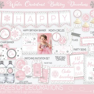 Peut inclure: Un ensemble de 65 pages imprimables de d&eacute;corations de f&ecirc;te d'anniversaire sur le th&egrave;me de l'hiver des merveilles en rose et argent avec des flocons de neige et des pois. L'ensemble comprend une banni&egrave;re, des emballages de cupcakes, des &eacute;tiquettes alimentaires, des panneaux de f&ecirc;te, des accessoires pour sacs de friandises et plus encore. Le texte "Winter Onederland" est pr&eacute;sent sur tout l'ensemble.