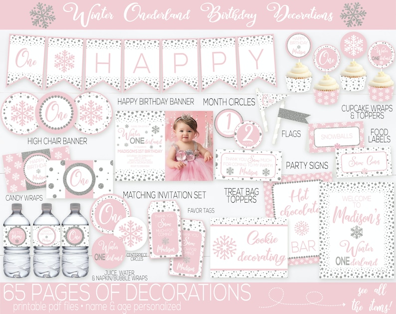 Peut inclure: Un ensemble de 65 pages imprimables de d&eacute;corations de f&ecirc;te d'anniversaire sur le th&egrave;me de l'hiver des merveilles en rose et argent avec des flocons de neige et des pois. L'ensemble comprend une banni&egrave;re, des emballages de cupcakes, des &eacute;tiquettes alimentaires, des panneaux de f&ecirc;te, des accessoires pour sacs de friandises et plus encore. Le texte "Winter Onederland" est pr&eacute;sent sur tout l'ensemble.