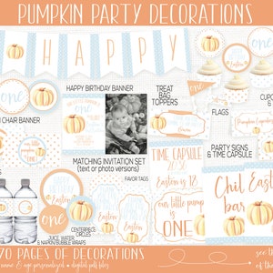May include: Pumpkin-themed first birthday party decorations in blue and orange with a pumpkin design. The set includes a banner, cupcake wrappers, treat bag toppers, high chair banner, candy wrappers, water bottle labels, juice and napkin wraps, centerpiece circles, favor tags, party signs, and a time capsule. The text on the decorations says "Happy Birthday", "One", "Easton", "Our Little Pumpkin is One", "Chil Easton is One", and "Welcome to the Celebration".