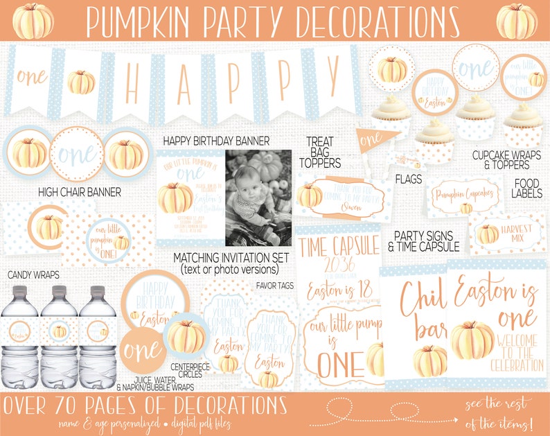 May include: Pumpkin-themed first birthday party decorations in blue and orange with a pumpkin design. The set includes a banner, cupcake wrappers, treat bag toppers, high chair banner, candy wrappers, water bottle labels, juice and napkin wraps, centerpiece circles, favor tags, party signs, and a time capsule. The text on the decorations says "Happy Birthday", "One", "Easton", "Our Little Pumpkin is One", "Chil Easton is One", and "Welcome to the Celebration".
