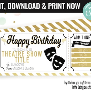 Birthday Theatre Play Musical Ticket Surprise Gift Voucher, Surprise Theatre Musical Printable Template Editable Instant Download Certifica