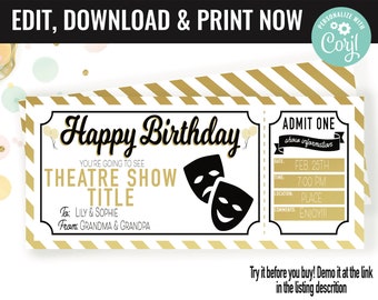 Birthday Theatre Play Musical Ticket Surprise Gift Voucher, Surprise Theatre Musical Printable Template Editable Instant Download Certifica