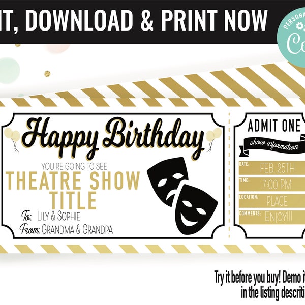 Birthday Theatre Play Musical Ticket Surprise Gift Voucher, Surprise Theatre Musical Printable Template Editable Instant Download Certifica