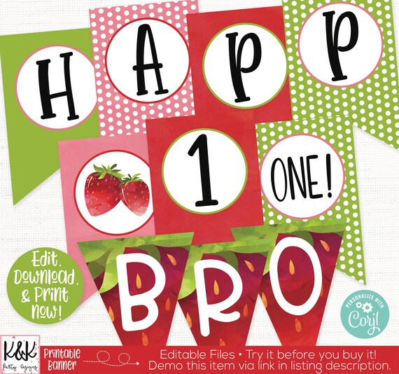 Strawberry Banner, Strawberry Birthday Party Decorations, Berry Sweet To Be One, Girls First Birthday, 1st Birthday, Editable, Printable Il_570xn