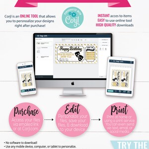 May include: A pink and white graphic showing how to use Corjl, an online tool to personalize designs. The graphic shows a computer screen, a tablet, and a phone, each displaying a different stage of the process: purchase, edit, and print. The graphic also includes text explaining the steps involved in each stage.