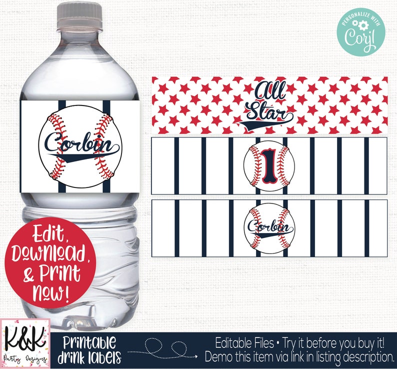 May include: Printable water bottle labels with a baseball theme. The labels feature a baseball with red stitching, a baseball bat, and the text "Corbin" and "All Star".