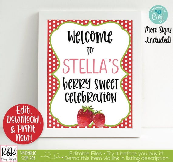 Strawberry Party Signs, Strawberry Welcome Sign, Strawberry Birthday Party Decorations, Berry Sweet to be One, Girls First Birhtday, Printab Il_570xn