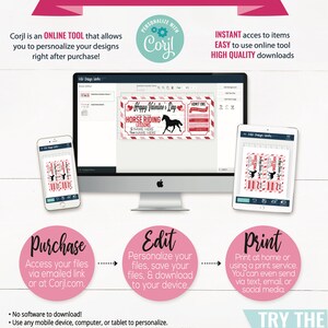 May include: A pink and white printable ticket template with the text "Happy Valentine's Day Horse Riding Lessons" and "Admit One". The template is shown on a computer screen, a tablet, and a smartphone. The image shows how to personalize and print the template using the Corjl online tool.