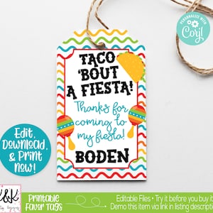 May include: Printable favor tags with a colorful chevron pattern. The tags feature a taco, maracas, and the text "Taco 'Bout A Fiesta! Thanks for coming to my fiesta!" with a customizable name field.