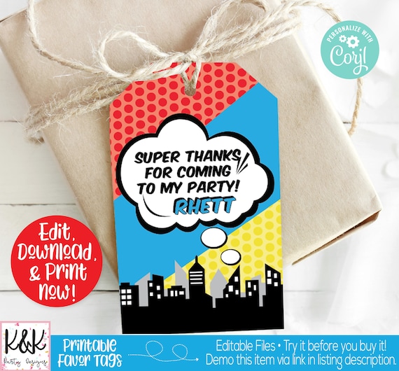 Superhero Party Favor Tag, Superhero Thank You, Superhero Favor Label, Superhero Birthday Party Decorations, Superhero Editable Printable Il_570xn