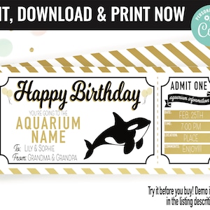 Birthday Present Aquarium Ticket Surprise Gift Voucher, Aquarium Surprise Trip Printable Template Gift Card, Editable Instant Download Gift