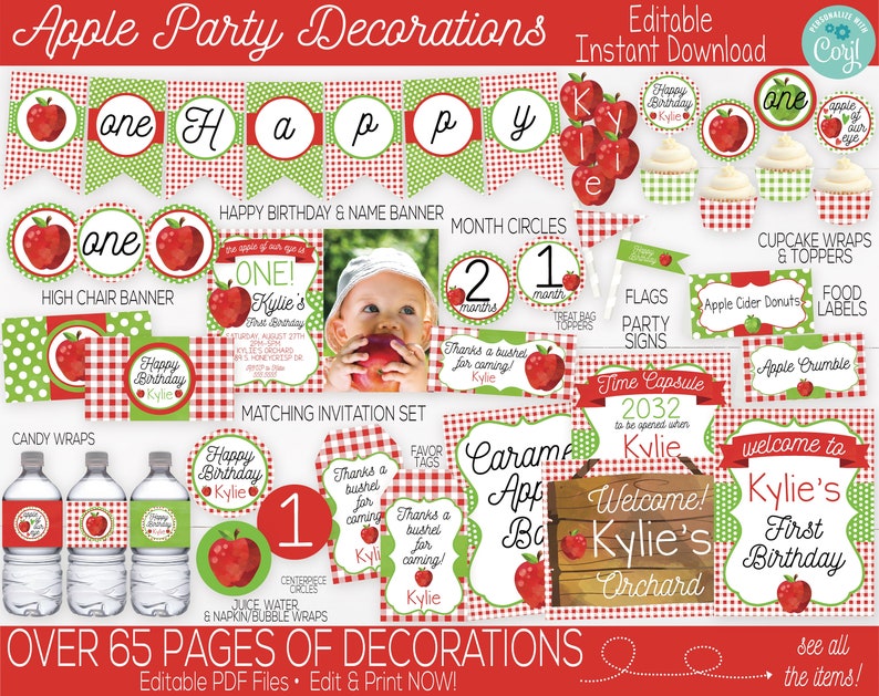 Apple Birthday Party Decorations and Invitation, Apple of my eye, Orchard, Girls First Birthday, 1st Birthday, Editable Instant Download image 1
