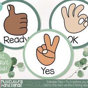 Calm Botanical Classroom Multicultural Hand Signals Printable, Botanical Farmhouse Theme, Calm Classroom Teacher Decoration and Supplies