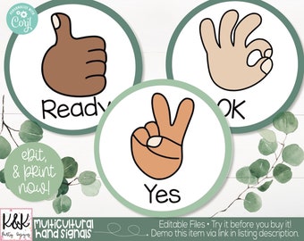 Calm Botanical Classroom Multicultural Hand Signals Printable, Botanical Farmhouse Theme, Calm Classroom Teacher Decoration and Supplies