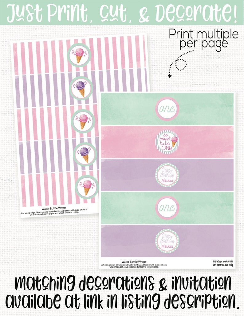 Ice Cream Water Bottle Labels, Ice Cream Drink Labels, Ice Cream ...