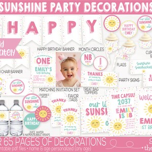 May include: A set of printable party decorations for a first birthday with a sunshine theme. The decorations include a banner, cupcake toppers, food labels, and more. The colors are pink, yellow, and blue. The text on the decorations says "Our Little Sunshine is One" and "Emily's 1st Birthday".