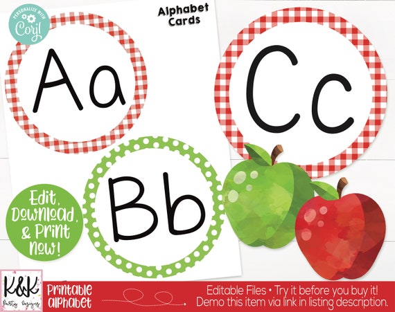 Apple Classroom Alphabet Banner Printable, Apple Theme, Teacher Supply, Classroom Teacher Decoration and Supplies, Alphabet Wall Poster Card Il_570xn