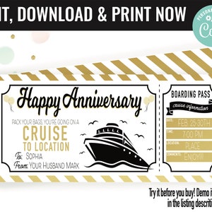 Anniversary Cruise Trip Ticket Surprise Gift Voucher, Boarding Pass Cruise Trip Printable Template, Editable Instant Download Certificate