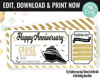 Anniversary Cruise Trip Ticket Surprise Gift Voucher, Boarding Pass Cruise Trip Printable Template, Editable Instant Download Certificate