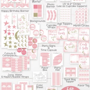 May include: A printable set of pink and gold party decorations for a first birthday party with a twinkle twinkle little star theme. The set includes banners, cupcake toppers, treat bags, favor boxes, and more.