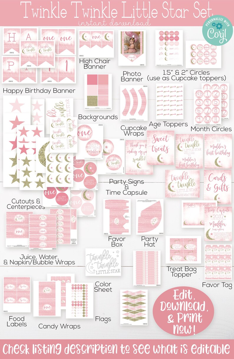 May include: A printable set of pink and gold party decorations for a first birthday party with a twinkle twinkle little star theme. The set includes banners, cupcake toppers, treat bags, favor boxes, and more.
