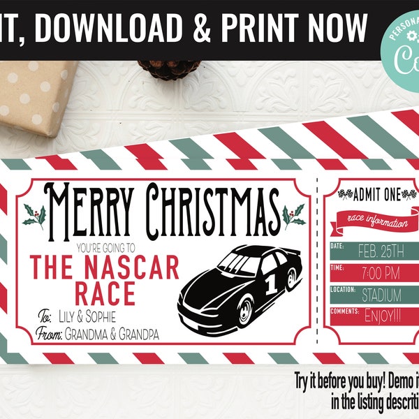 Christmas Surprise Nascar Race Ticket Gift Voucher, Nascar Race Trip Printable Template Gift Card, Editable Instant Download Gift Certificat