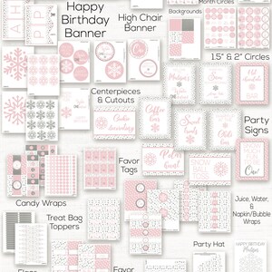 May include: Printable party decorations for a winter wonderland themed first birthday party. The decorations are in pink and gray with snowflakes and polka dots. The set includes banners, cupcake wrappers, treat bag toppers, favor tags, food labels, and more. Over 70 pages of decorations. Name and age personalized.