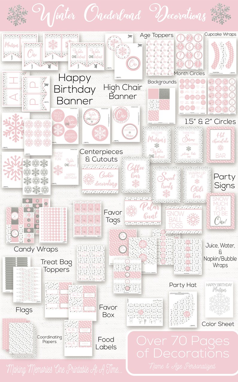 May include: Printable party decorations for a winter wonderland themed first birthday party. The decorations are in pink and gray with snowflakes and polka dots. The set includes banners, cupcake wrappers, treat bag toppers, favor tags, food labels, and more. Over 70 pages of decorations. Name and age personalized.