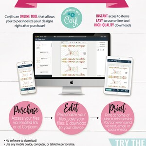 Puede incluir: C&oacute;mo personalizar tus dise&ntilde;os digitales usando Corjl. Un c&iacute;rculo rosa con el texto "PERSONALIZAR CON Corjl" est&aacute; en la esquina superior derecha de la imagen. La imagen muestra una pantalla de computadora, una tableta y un tel&eacute;fono inteligente, cada uno mostrando una interfaz de editor de dise&ntilde;o. El texto "Comprar, Editar, Imprimir" est&aacute; en tres c&iacute;rculos rosas con texto blanco. El texto "PRUEBA LA DEMO GRATUITA" est&aacute; en un rect&aacute;ngulo rosa con texto blanco.