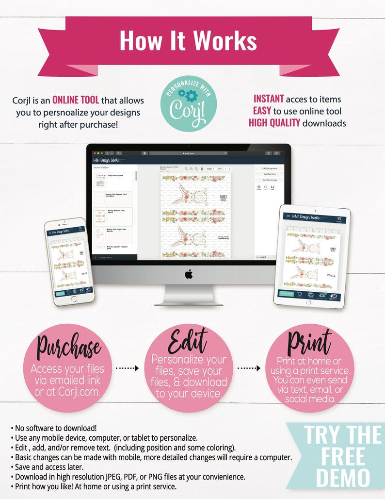 Puede incluir: C&oacute;mo personalizar tus dise&ntilde;os digitales usando Corjl. Un c&iacute;rculo rosa con el texto "PERSONALIZAR CON Corjl" est&aacute; en la esquina superior derecha de la imagen. La imagen muestra una pantalla de computadora, una tableta y un tel&eacute;fono inteligente, cada uno mostrando una interfaz de editor de dise&ntilde;o. El texto "Comprar, Editar, Imprimir" est&aacute; en tres c&iacute;rculos rosas con texto blanco. El texto "PRUEBA LA DEMO GRATUITA" est&aacute; en un rect&aacute;ngulo rosa con texto blanco.
