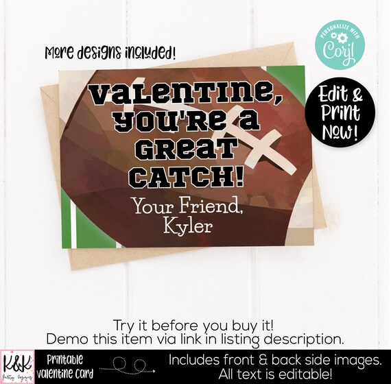 Sports Printable Valentine Card, Kids Valentines Day Card, School Valentine Exchange, Boys Class Valentine, Football Valentine, Preschool Il_570xn