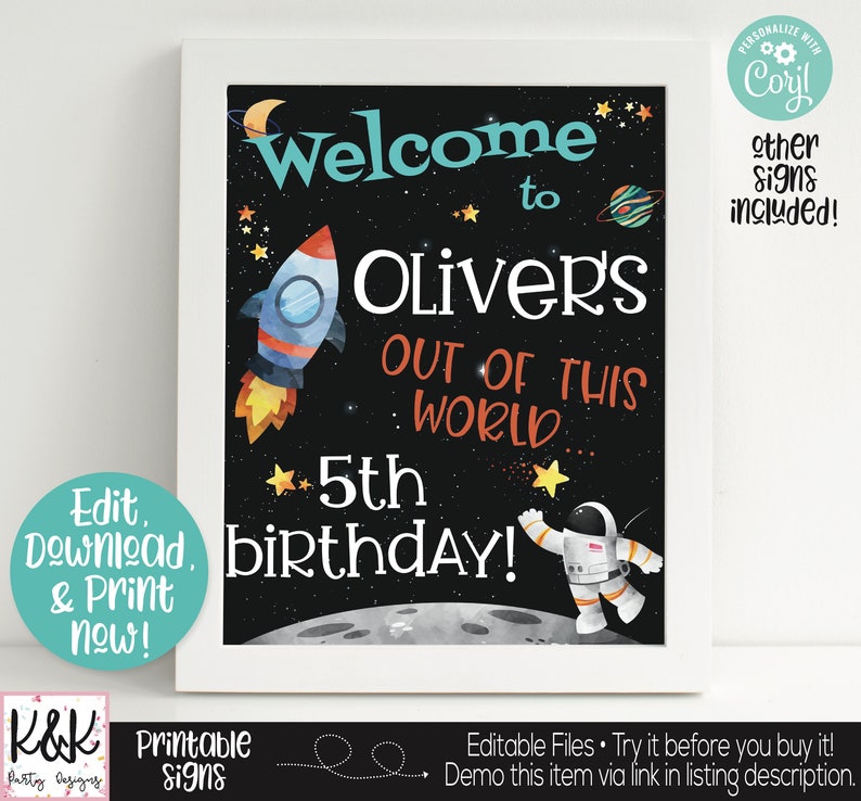 Outer Space Party Signs, Outer Space Birthday Party Decorations, Space Welcome Sign, Outer Space Printable, Rocket Ship Sign, Astronaut Sign bild 1