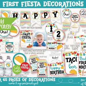 May include: A set of printable party decorations for a first birthday party with a taco theme. The decorations feature a colorful fiesta theme with bright colors, confetti, and a taco design. The set includes a banner, cupcake wrappers, food labels, and more.