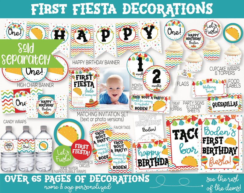 May include: A set of printable party decorations for a first birthday party with a taco theme. The decorations feature a colorful fiesta theme with bright colors, confetti, and a taco design. The set includes a banner, cupcake wrappers, food labels, and more.