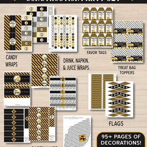 Puede incluir: Conjunto de imprimibles para fiesta de construcci&oacute;n con m&aacute;s de 95 p&aacute;ginas de decoraciones. Incluye etiquetas de favor, envoltorios de dulces, envoltorios de bebidas y servilletas, adornos para bolsas de golosinas, sombreros de fiesta y banderas. El dise&ntilde;o presenta rayas amarillas y negras, veh&iacute;culos de construcci&oacute;n y herramientas.